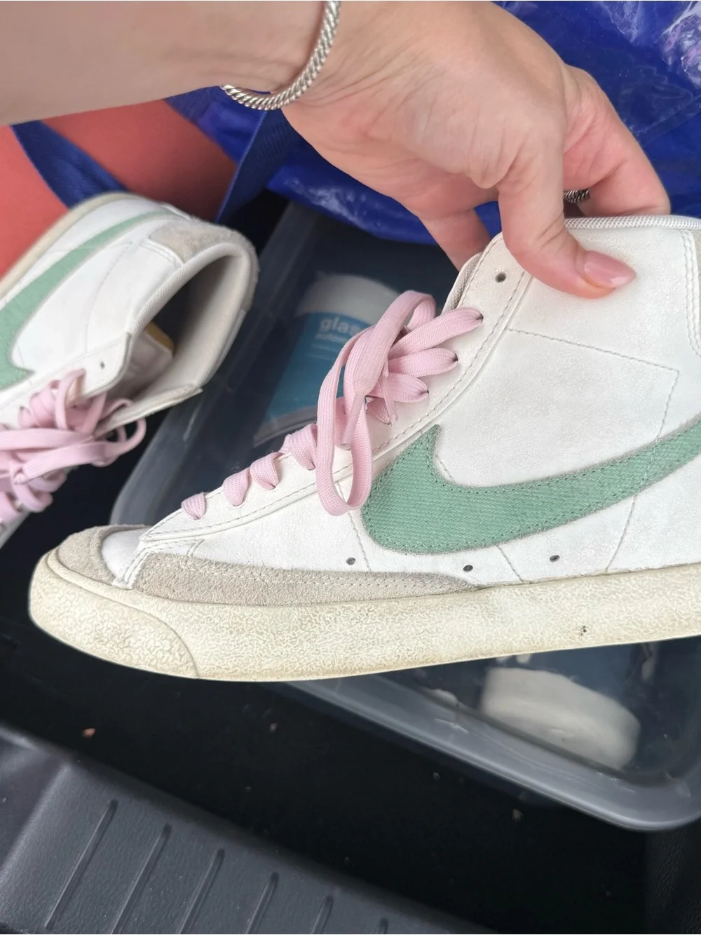 Nike Women's High-Top Sneakers White with Mint Green Swoosh and Pink Laces